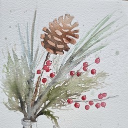 Aquarellbild eines Strausses mit roten Beeren, Tannenzweigen und eines Tannenzpfens